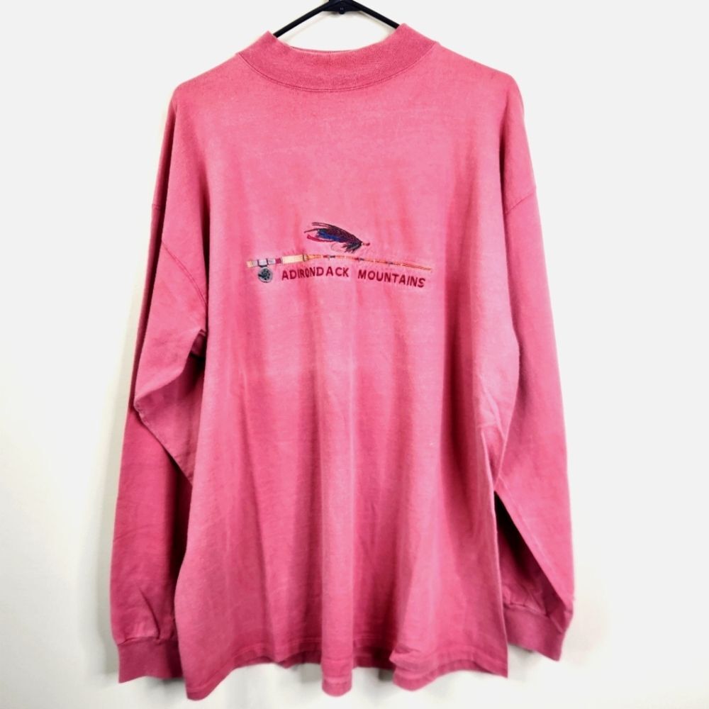 Camp David Vtg Adirondack Long Sleeve Mock Neck Embroidered Fishing Rod Tee XL